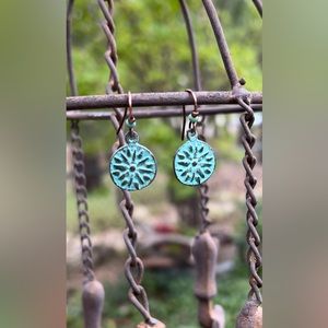 Handmade antique brass, aqua blue patina beaded earrings, copper ear wires
